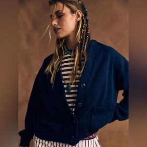 NWT XIRENA Benny Cardigan Sweatshirt Sweater Navy Cotton Fleece Sold Out Set XS